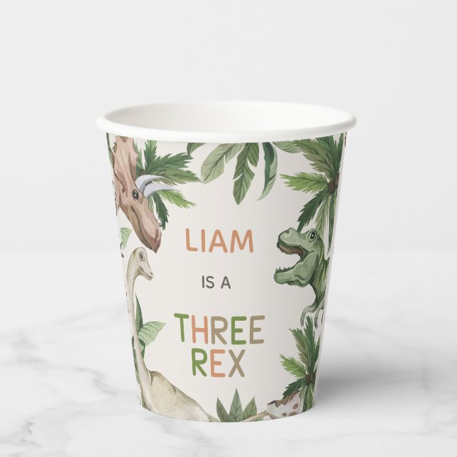 Dinosaur Green Three Rex 3rd Birthday Paper cup (Front)
