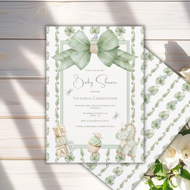 Dinosaur Greenery Bow Cute Baby Shower Invitation (Creator Uploaded)