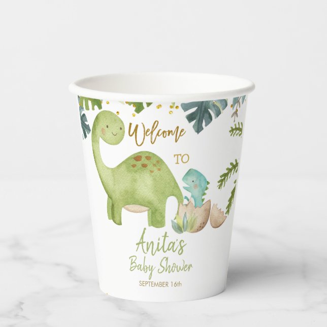 Dinosaur Greenery Floral White Paper Cups (Front)