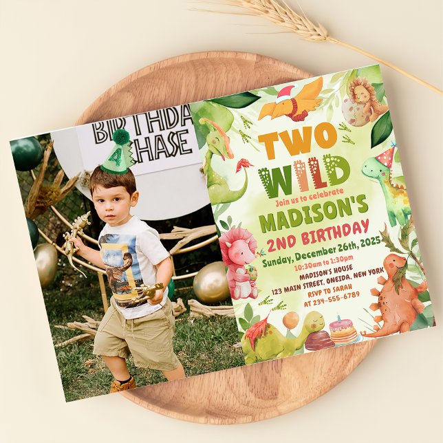 Dinosaur Greenery Two Wild 2nd Birthday Photo Invitation (Creator Uploaded)