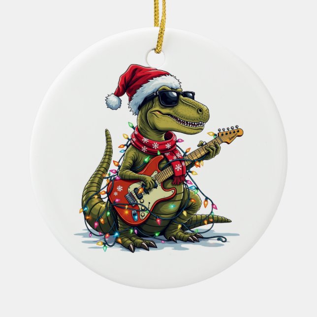 Dinosaur Guitar Player Xmas Ceramic Ornament (Front)