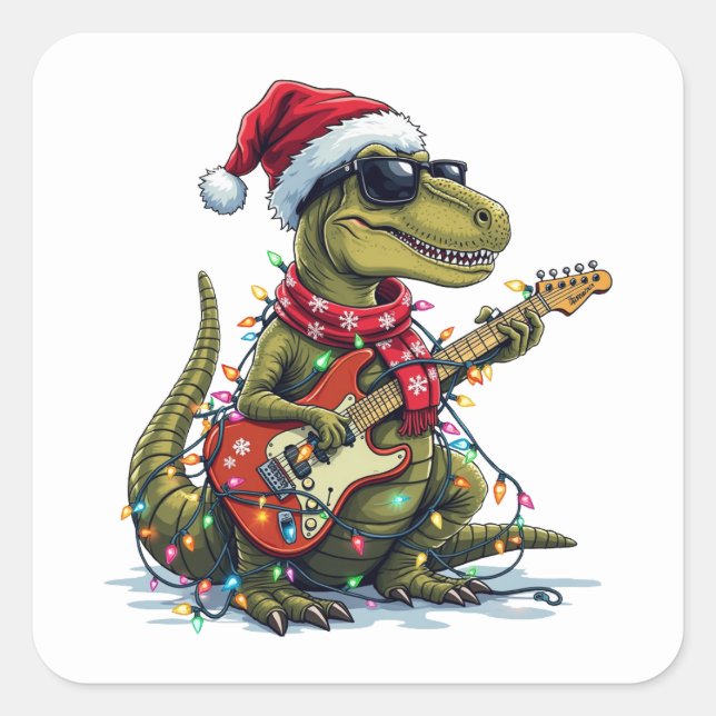 Dinosaur Guitar Player Xmas Square Sticker (Front)