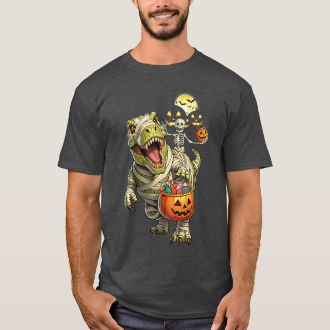 Dinosaur Halloween Skeleton Riding Mummy T Rex Cos T-Shirt (Front)
