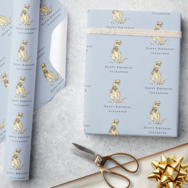 Dinosaur Happy Birthday Personalised Blue Wrapping Paper (dinosaur happy birthday personalized boy name funny T-Rex blue gift wrapping paper Simple modern)