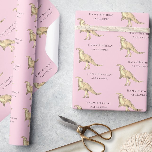 Dinosaur Happy Birthday Personalised Girl Name Wrapping Paper (Happy birthday Dinosaur personalized girl name pink gift wrapping paper Cute Parasaurolophus dino)