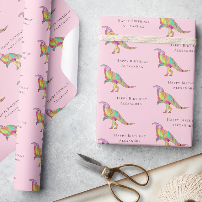 Dinosaur Happy Birthday Personalised Girl Name Wrapping Paper (Cute dinosaur happy birthday personalized girl name pink wrapping paper Parasaurolophus Jurassic )