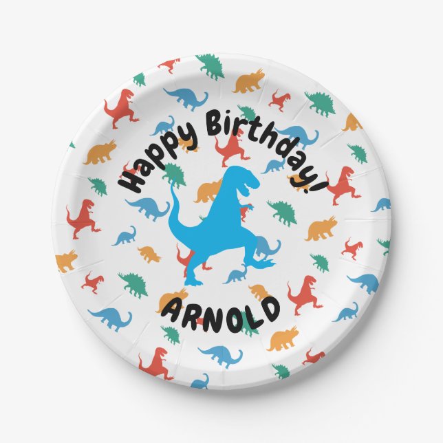 Dinosaur Happy birthday Tyrannosaurus Paper Plates (Front)