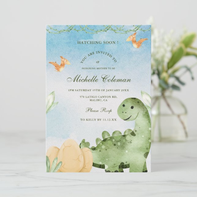 Dinosaur Hatching Soon Baby Shower Invitation (Standing Front)