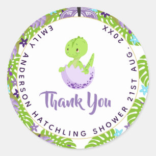 Dinosaur Hatchling Baby Shower Purple Blue Thanks Classic Round Sticker