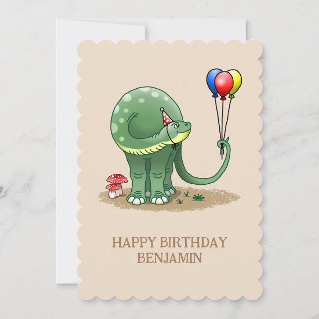 Dinosaur holding Balloons Birthday Card (Front)