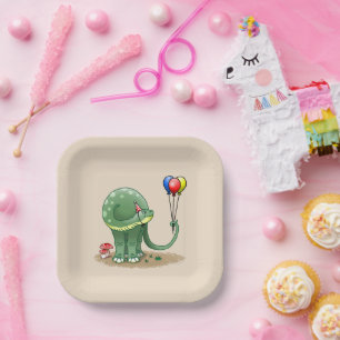 Dinosaur holding Balloons Birthday Paper Plate