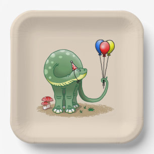 Dinosaur holding Balloons Birthday Paper Plate