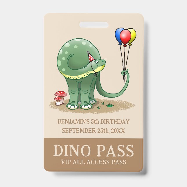 Dinosaur holding Birthday Balloons ID Badge (Front)