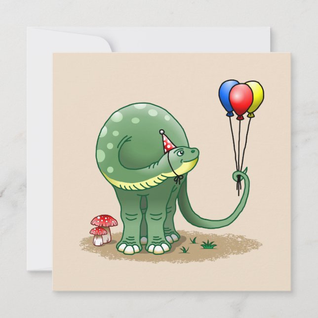Dinosaur Holding Party Balloons Birthday Card (Front)
