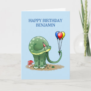 Dinosaur holding Three Balloons Birthday Card