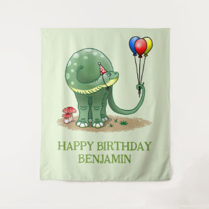 Dinosaur Holding Three Colourful Birthday Balloons Tapestry