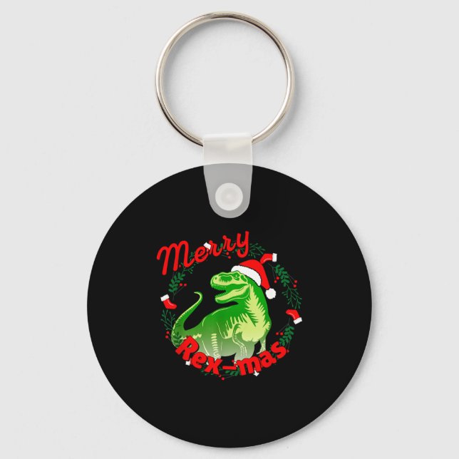 Dinosaur Holiday Merry Christmas Juric Tyrannosaur Key Ring (Front)