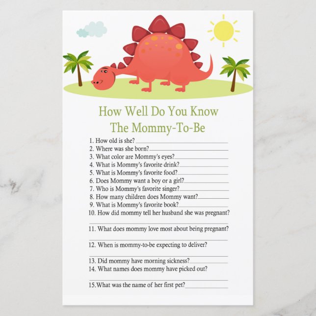 Dinosaur how well do you know baby shower game (Front)