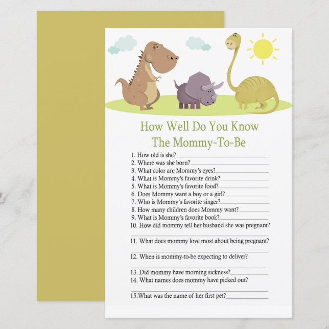 Dinosaur how well do you know baby shower game (Front/Back)
