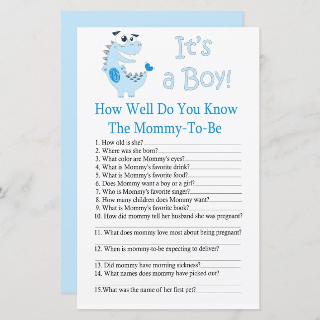 Dinosaur How well do you know baby shower game (Front/Back)