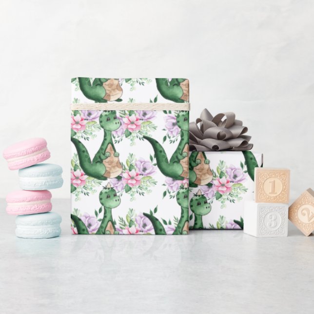 Dinosaur in flowers boys girls theme party wrapping paper (Baby Shower)