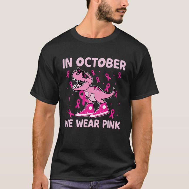 Dinosaur In October We Wear Pink Breast Cancer Kid T-Shirt (Front)