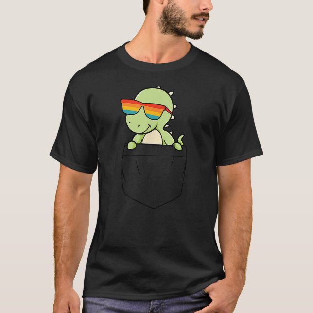 Dinosaur In Pocket Funny Cute Dino Rainbow Sunglas T-Shirt (Front)