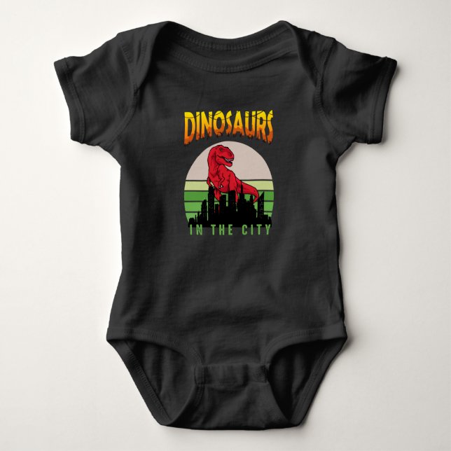 Dinosaur in the City | Dinosaur Design Baby Bodysuit (Front)