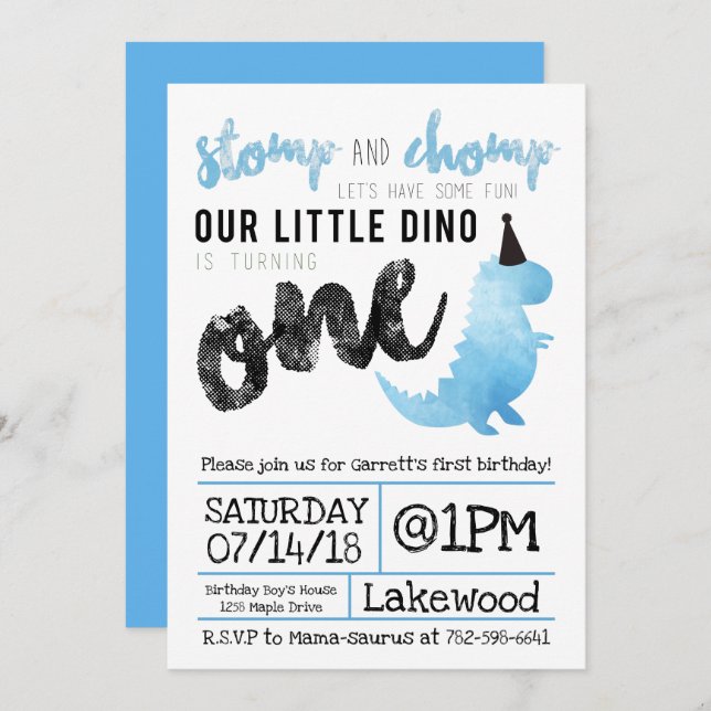 Dinosaur Invitation Stomp and Chomp First Birthday (Front/Back)