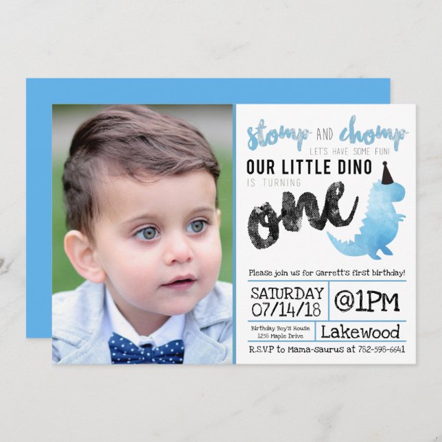 Dinosaur Invitation Stomp and Chomp First Birthday (Front/Back)