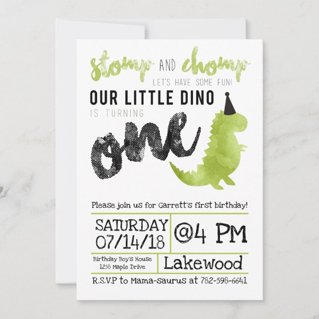 Dinosaur Invitation Stomp and Chomp First Birthday (Front)