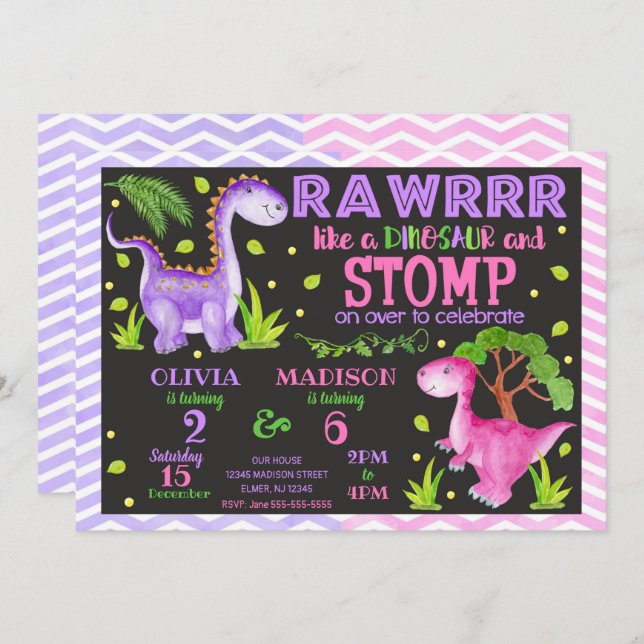 Dinosaur Joint Birthday Invitation for Girls (Front/Back)