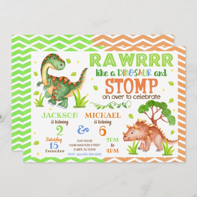 Dinosaur Joint Birthday Invitation for Siblings (Front/Back)