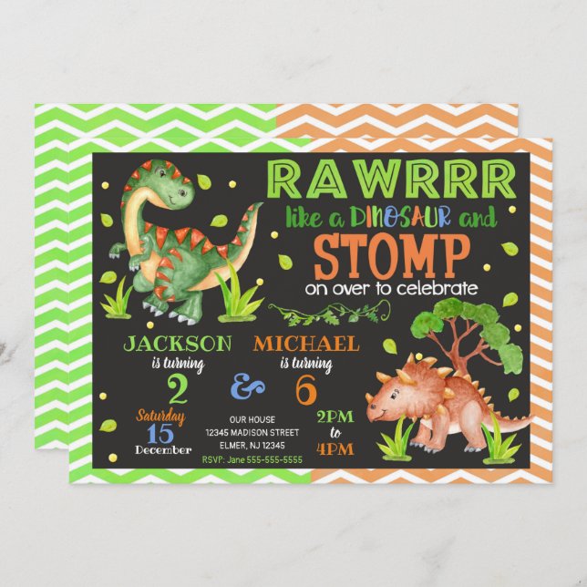 Dinosaur Joint Birthday Invitation for Siblings (Front/Back)