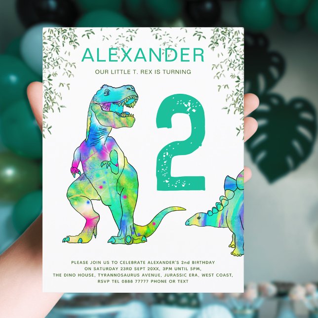 Dinosaur jungle 2nd Birthday Party Budget  Invitation Postcard (Dinosaur 2nd birthday party budget Invitation with colorful watercolor T-Rex and stegosaurus dino)