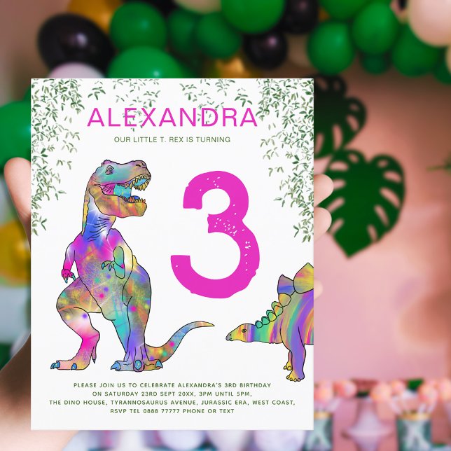 Dinosaur jungle 3rd Birthday Party pink budget (Dinosaur T-Rex jungle pink girls 3rd birthday party invitation )