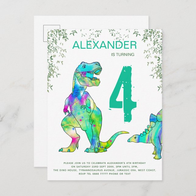 Dinosaur jungle 4th Birthday Party budget Invitation Postcard (Front/Back)