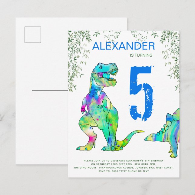 Dinosaur  jungle 5th Birthday Party budget blue In Invitation Postcard (Front/Back)