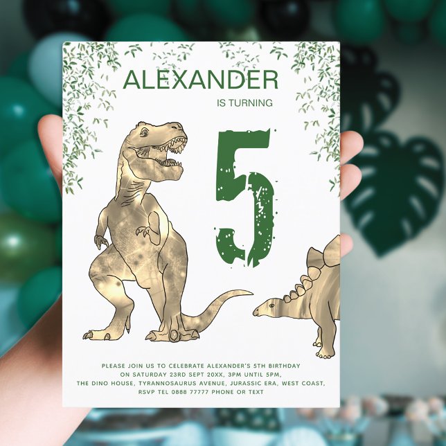 Dinosaur jungle 5th Birthday Party budget  Invitation Postcard (Dinosaur T-Rex jungle 5th birthday party budget invitation postcard modern green typography )