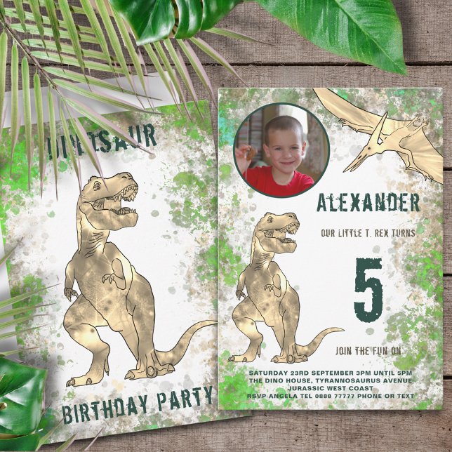 Dinosaur Jungle 5th Birthday Party Photo Invitation (Dinosaur jungle 5th birthday party invitation with photo template)