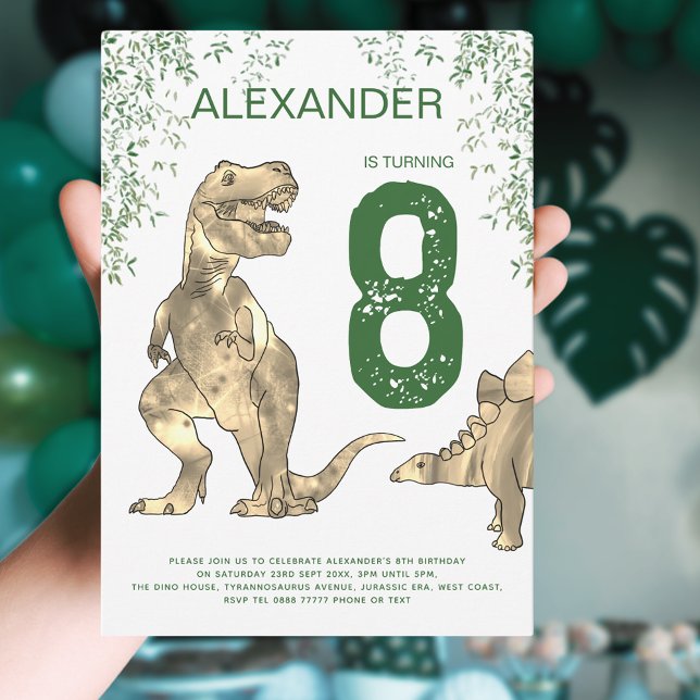 Dinosaur jungle Birthday Party boys Invitation (Dinosaur Jurassic jungle 8th birthday party invitation with fun T-Rex stegosaurus and green foliage )