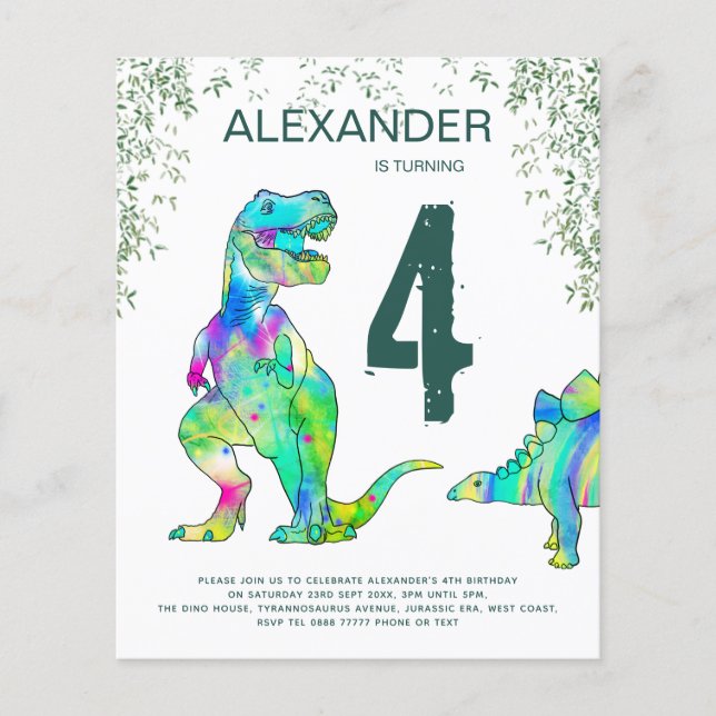 Dinosaur Jungle Birthday Party Budget Invitation Flyer (Front)