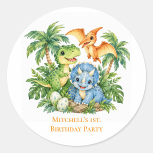 Dinosaur Jungle Boy 1st. Birthday Party Classic Round Sticker