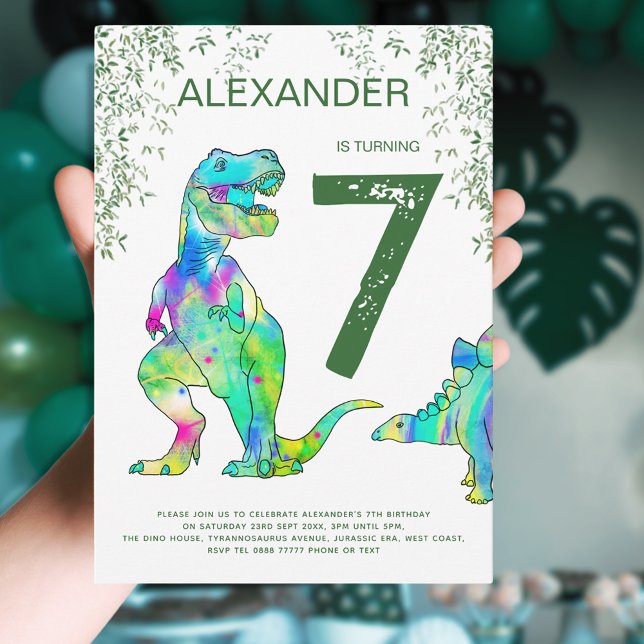 Dinosaur jungle boys Birthday Party green Invitation (T-Rex Dinosaur Jungle 7th birthday party invitation colorful Tyrannosaurus rex and stegosaurus dinos)