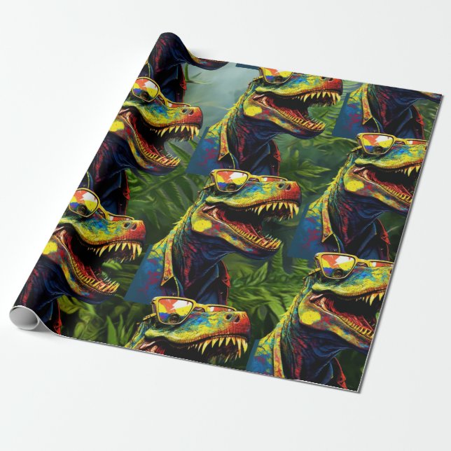 Dinosaur Jungle Cool Yellow Happy Birthday  Wrapping Paper (Unrolled)