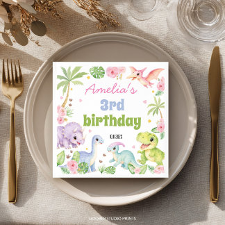 Dinosaur Jungle Girl Pink Floral Birthday Napkin