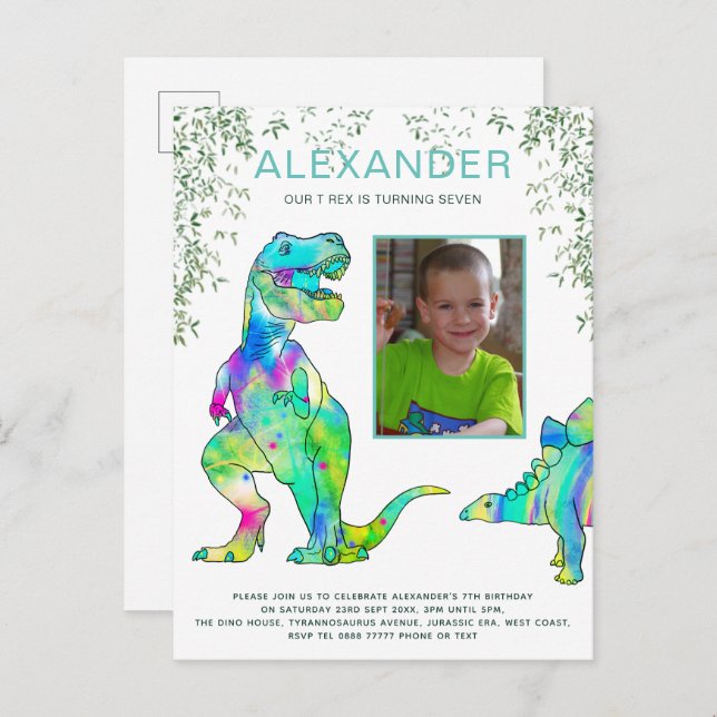 Dinosaur Jungle Photo Birthday Party Budget Invitation Postcard (Front/Back)
