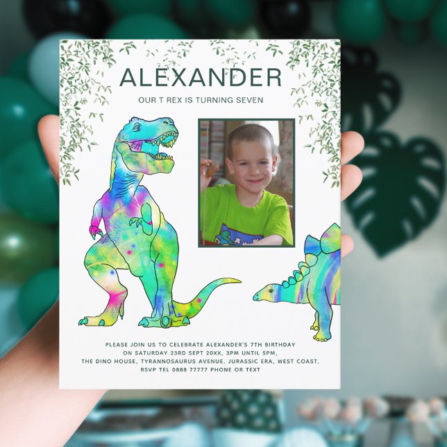 Dinosaur Jungle T Rex Roar Birthday Party (Dinosaur T-Rex jungle 7th birthday party invitation with photo template)