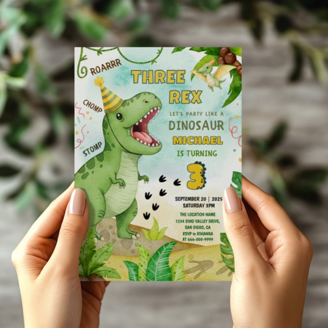 Dinosaur Jurassic Three Rex 3rd Birthday Party Invitation (Dinosaur Three Rex 3rd Birthday Party Invitation)