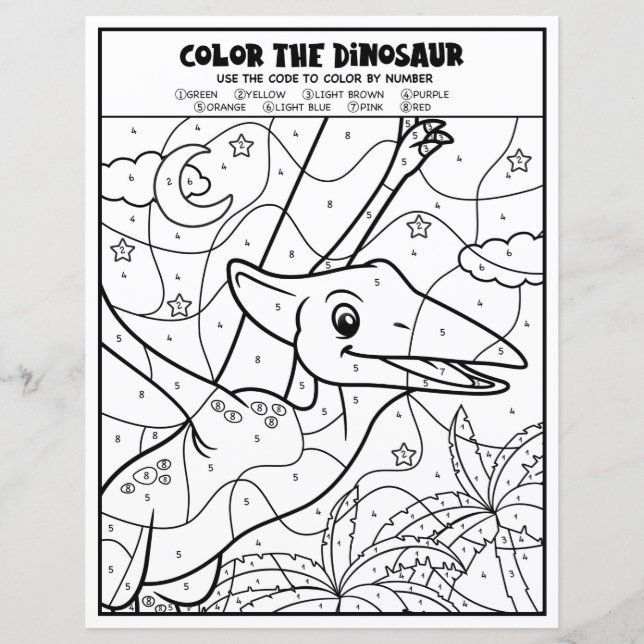 Dinosaur Kids Activity Colouring Page By Number (Front)